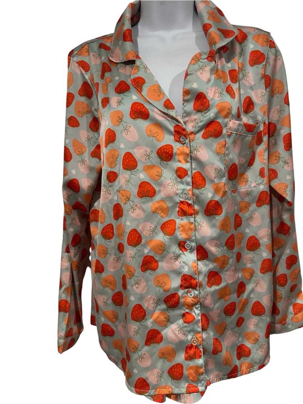 Serra Satin Strawberry-Print Pajama Set in Red and Peach